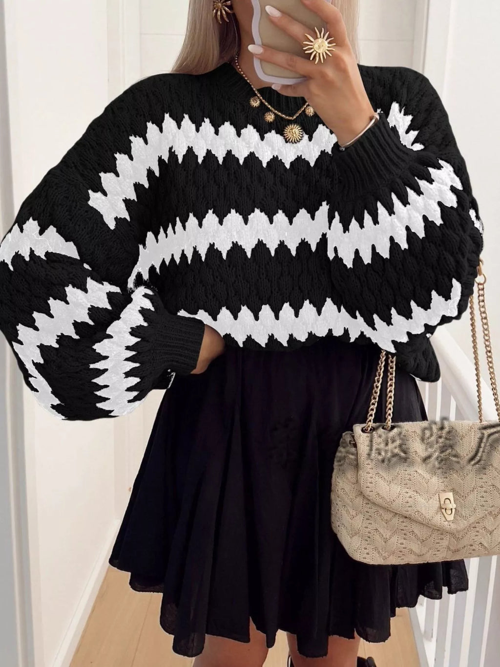 Textured Striped Round Neck Sweater