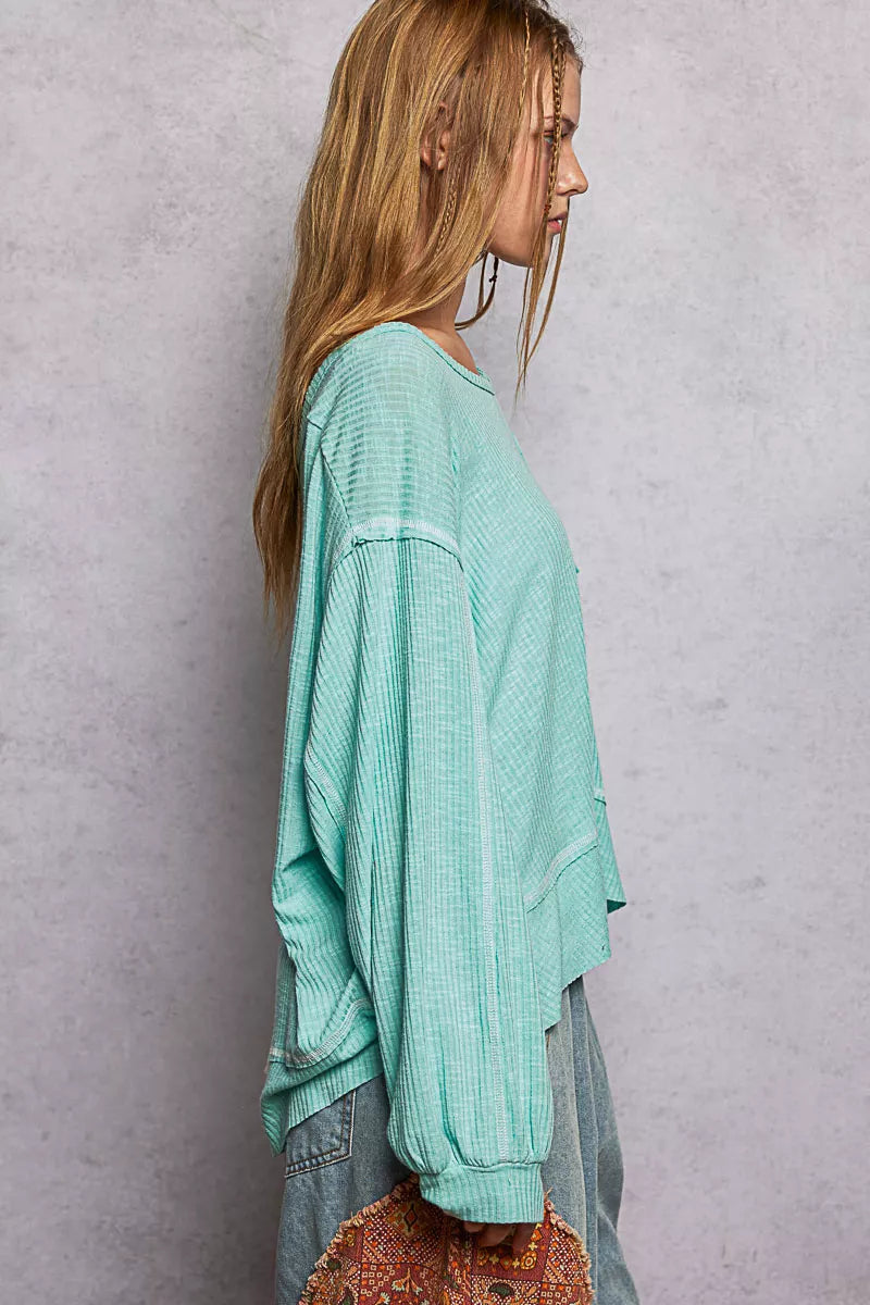 POL Round Neck Long Sleeve Exposed Seam Top with Chest Pocket