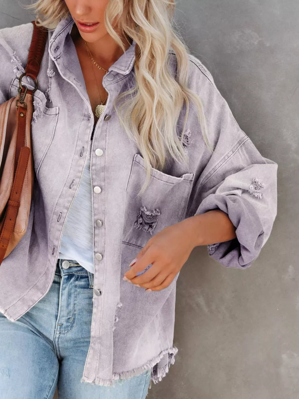 Raw Hem Button Up Denim Shacket