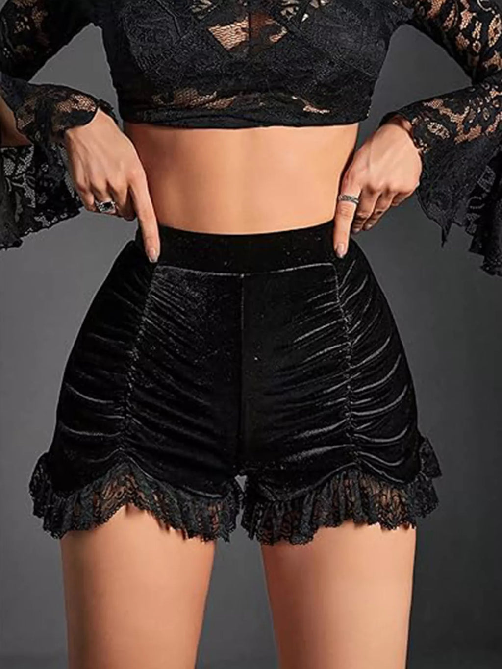 Velvet Ruched Lace Trim Shorts