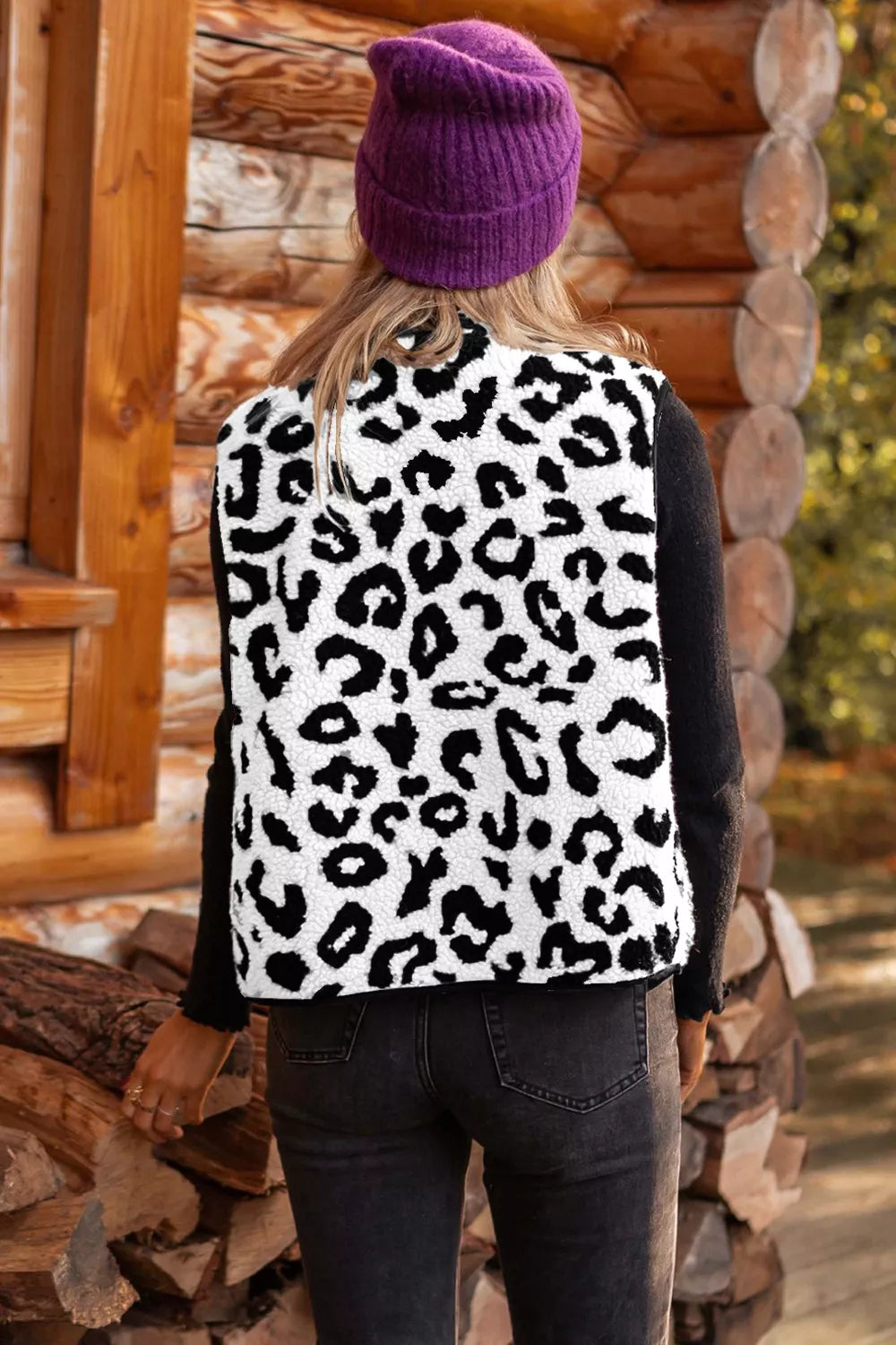 Leopard Print Sherpa Fleece Vest Coat