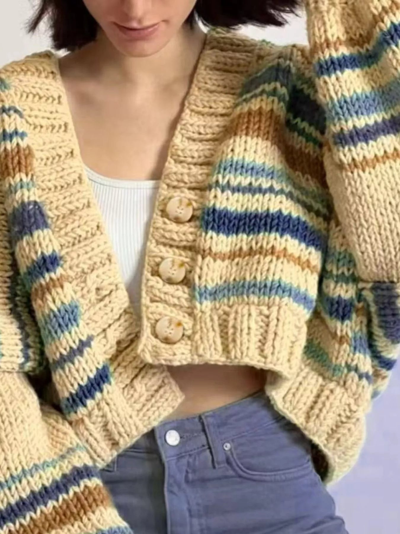 Chunky Knit Striped Cropped Cardigan