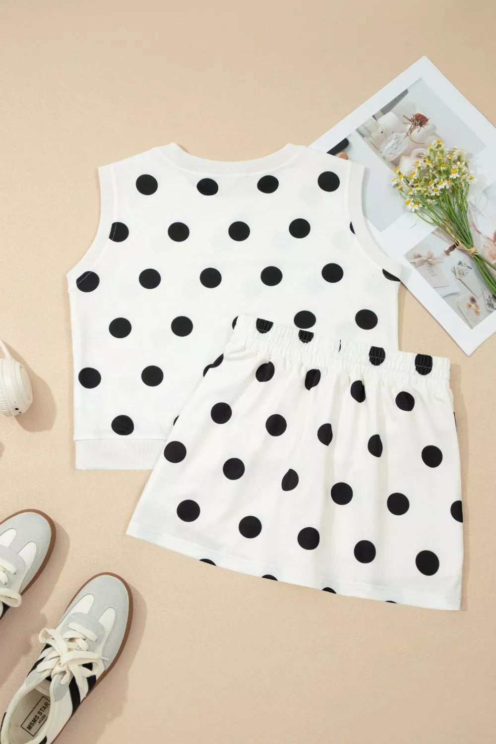 Ribbed Trim Polka Dot Print Tank Split Mini Skort 2pcs Set