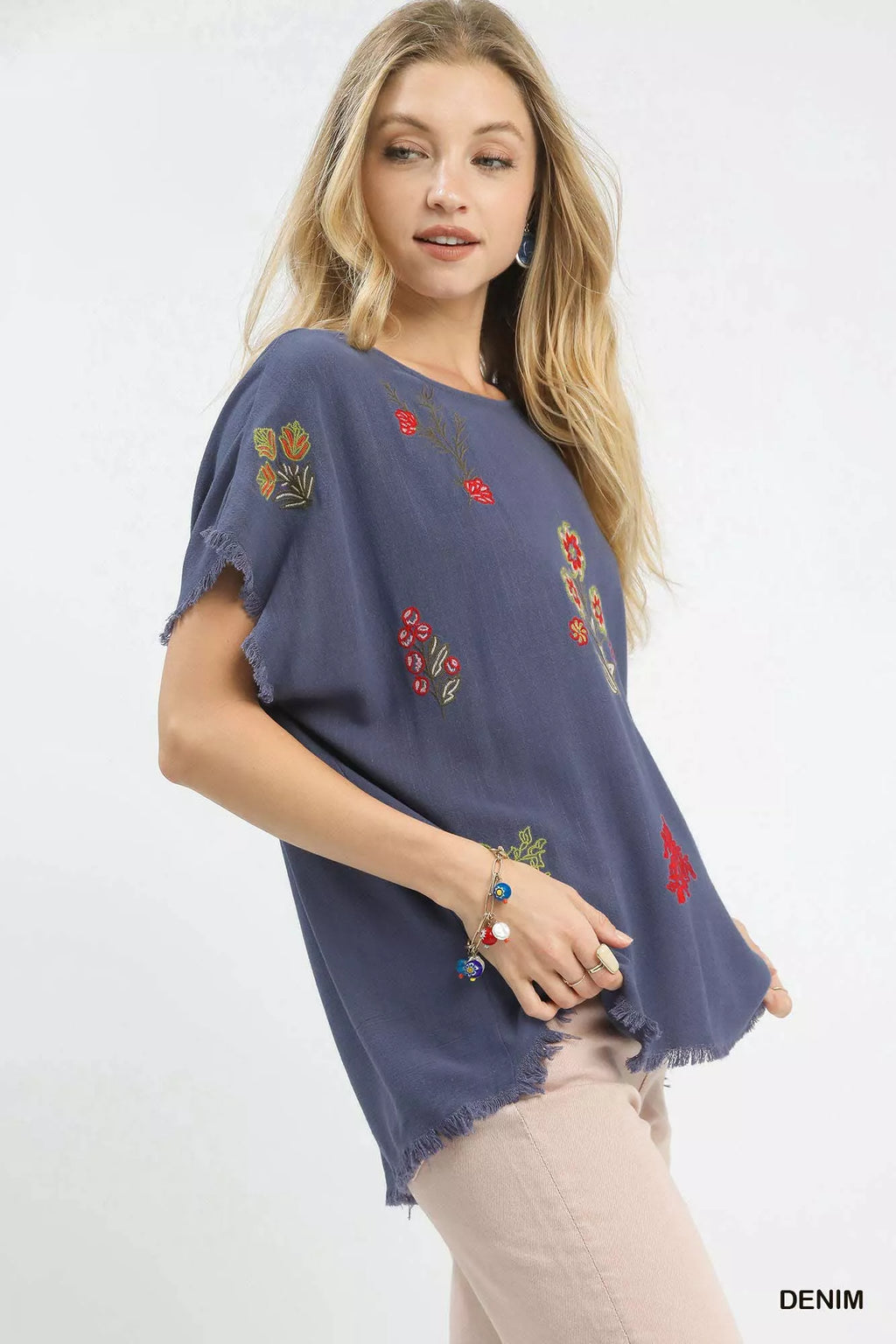 Umgee Linen Blend Embroidered Frayed Hem Top