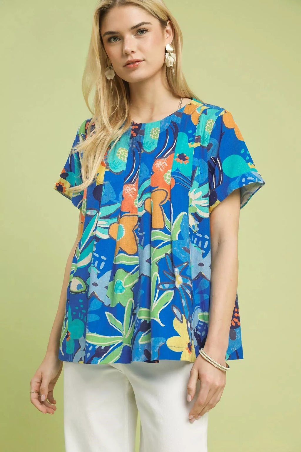 Umgee Abstract Floral Pleated Blouse