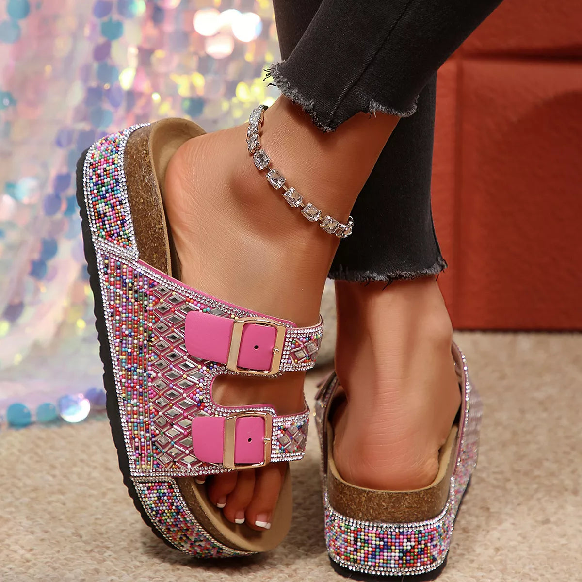 Rhinestone Double Buckle Sandals