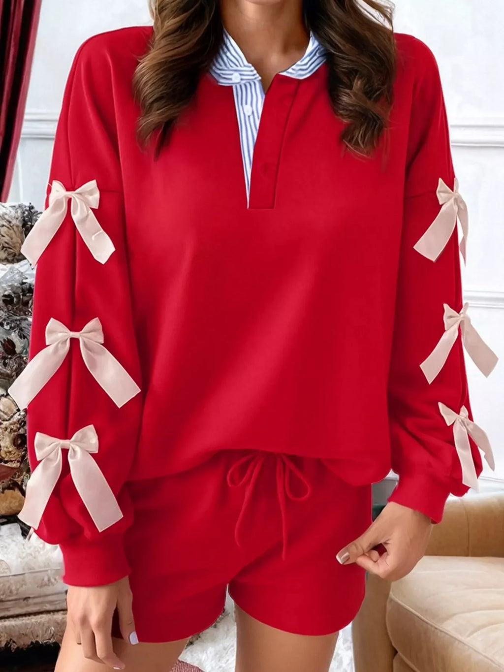 Striped Collar Patchwork Satin Bow Sweatshirt and Shorts Set
