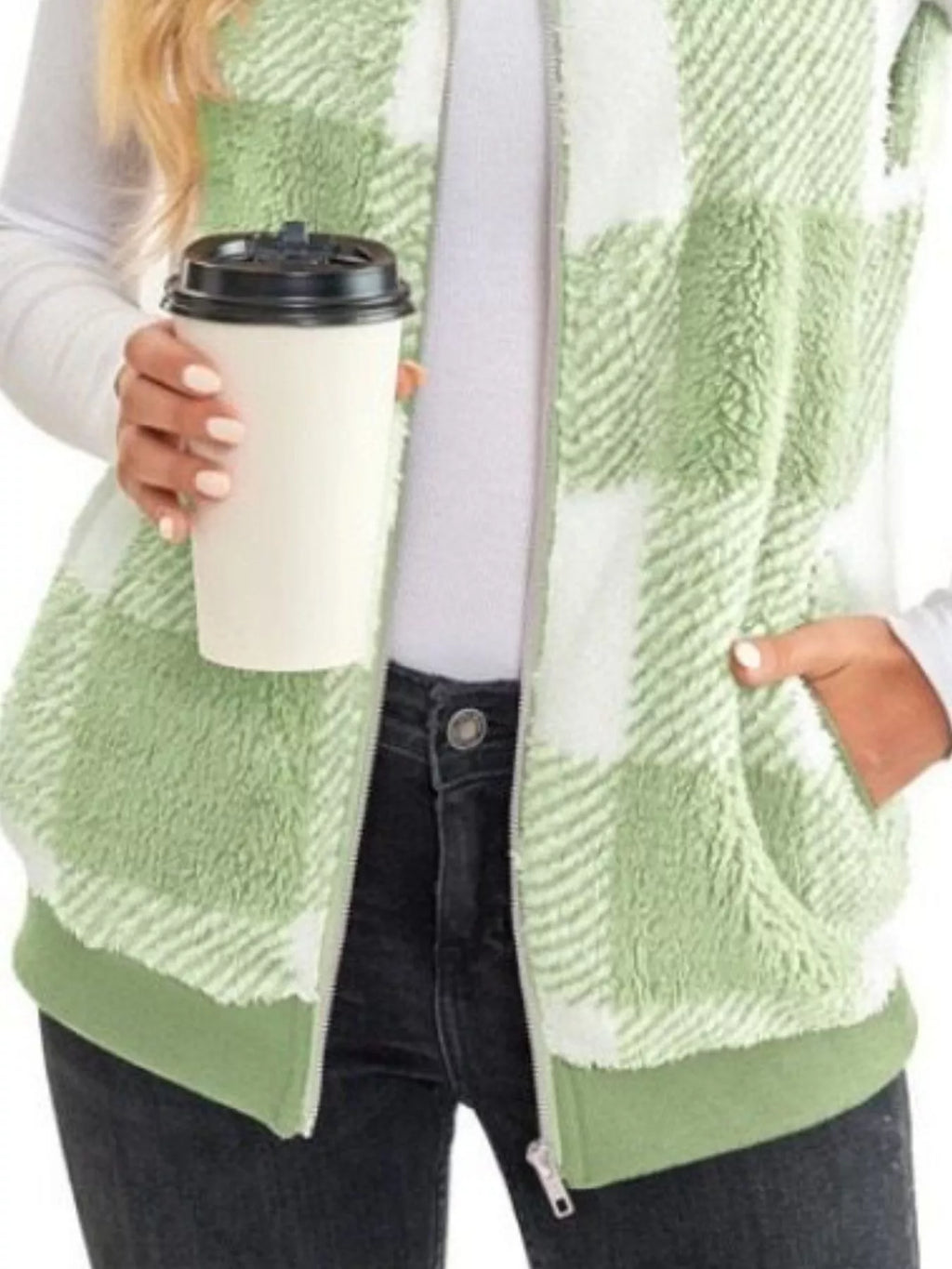 Full Size Color Block Zip Up Vest Coat Plus Size