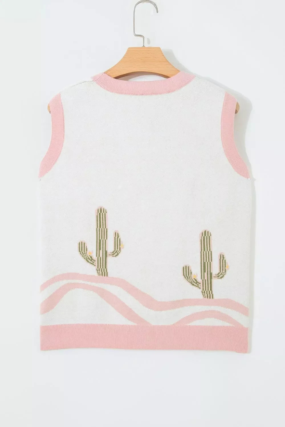 Color Block Trim Button Front Cactus Pattern Western Sweater Vest