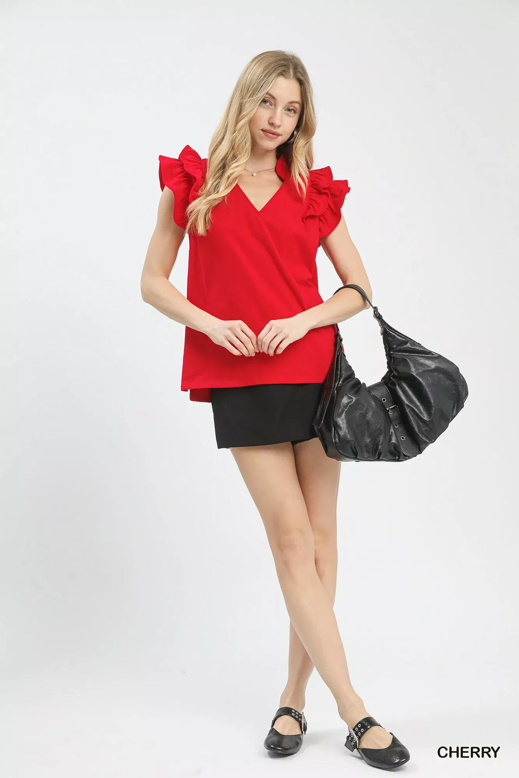 Umgee Ruffle Sleeve V-Neck Top