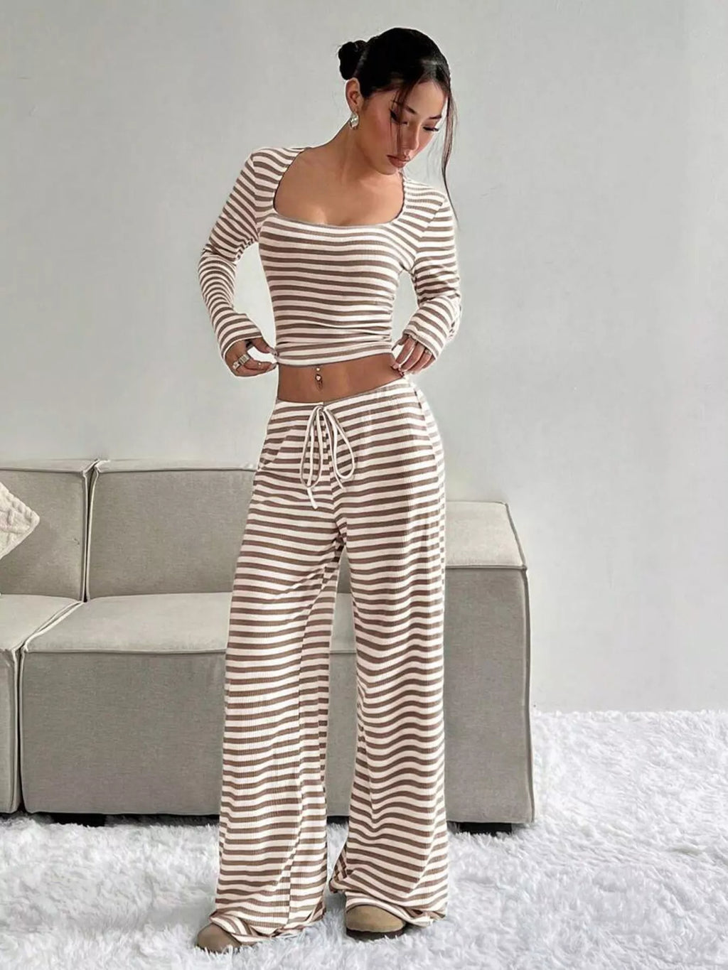 Striped Long Sleeve Crop Top and Wide Leg Pants Set