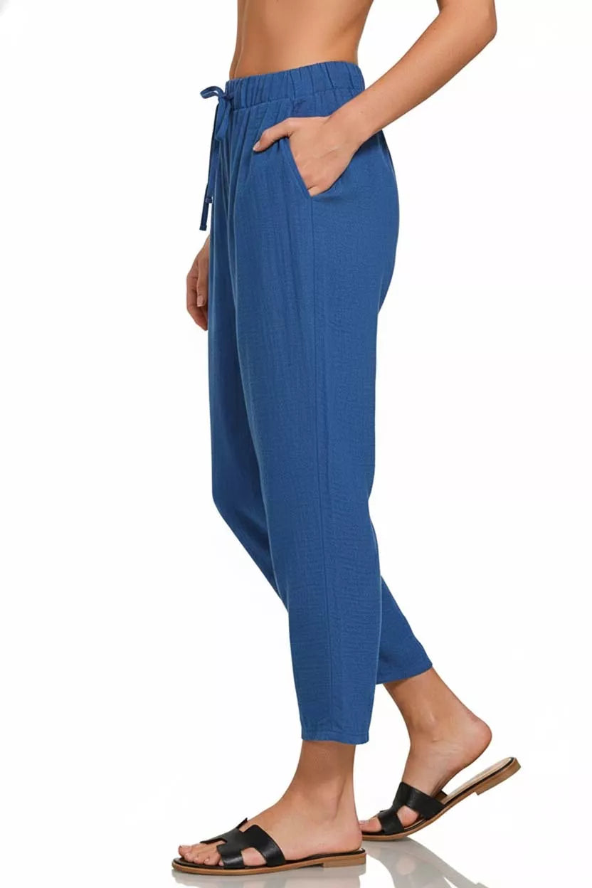 Zenana Woven Crepe Elastic Band Waist Pants