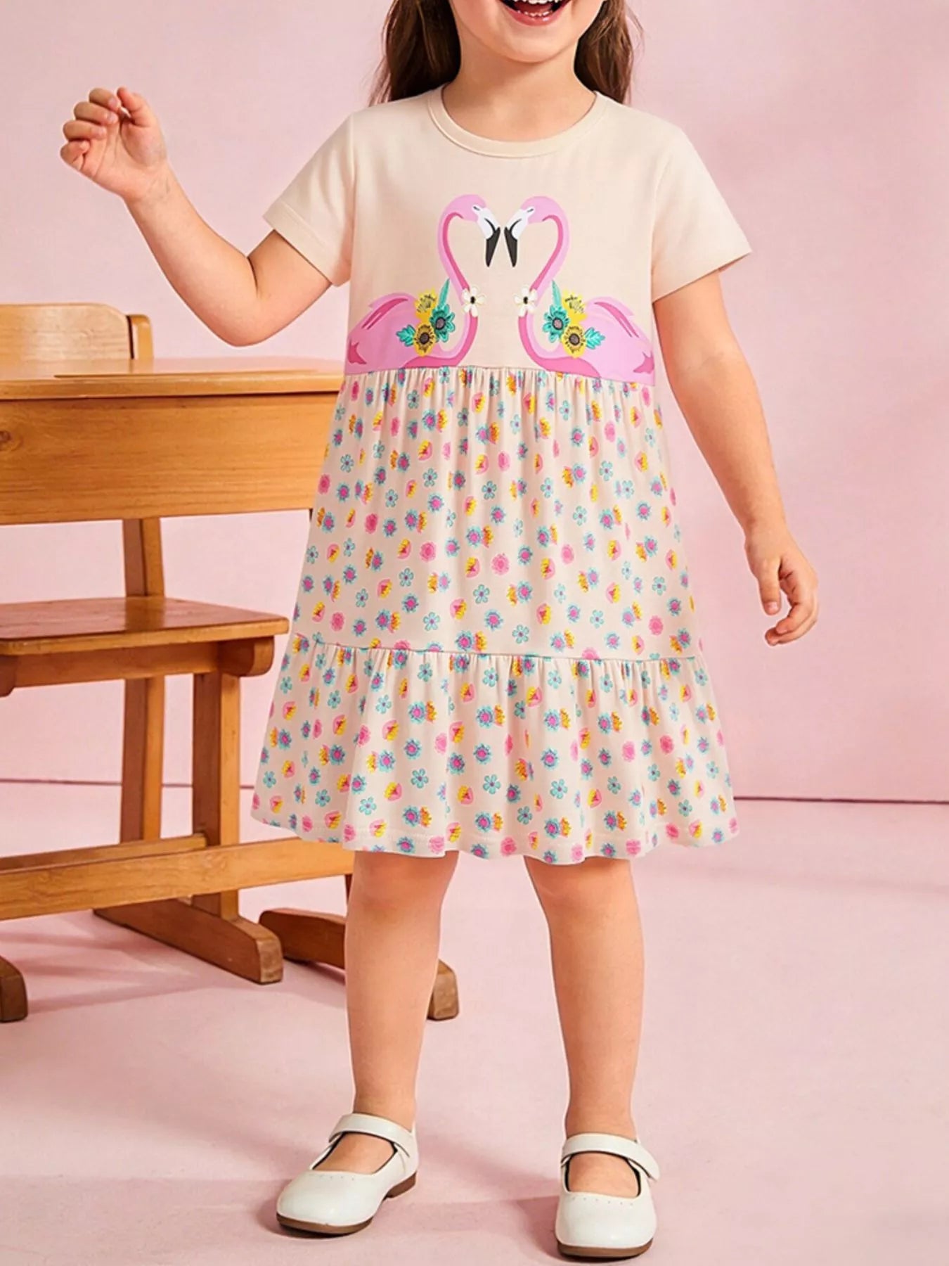 Children's Flamingo Print Tiered Casual Dress