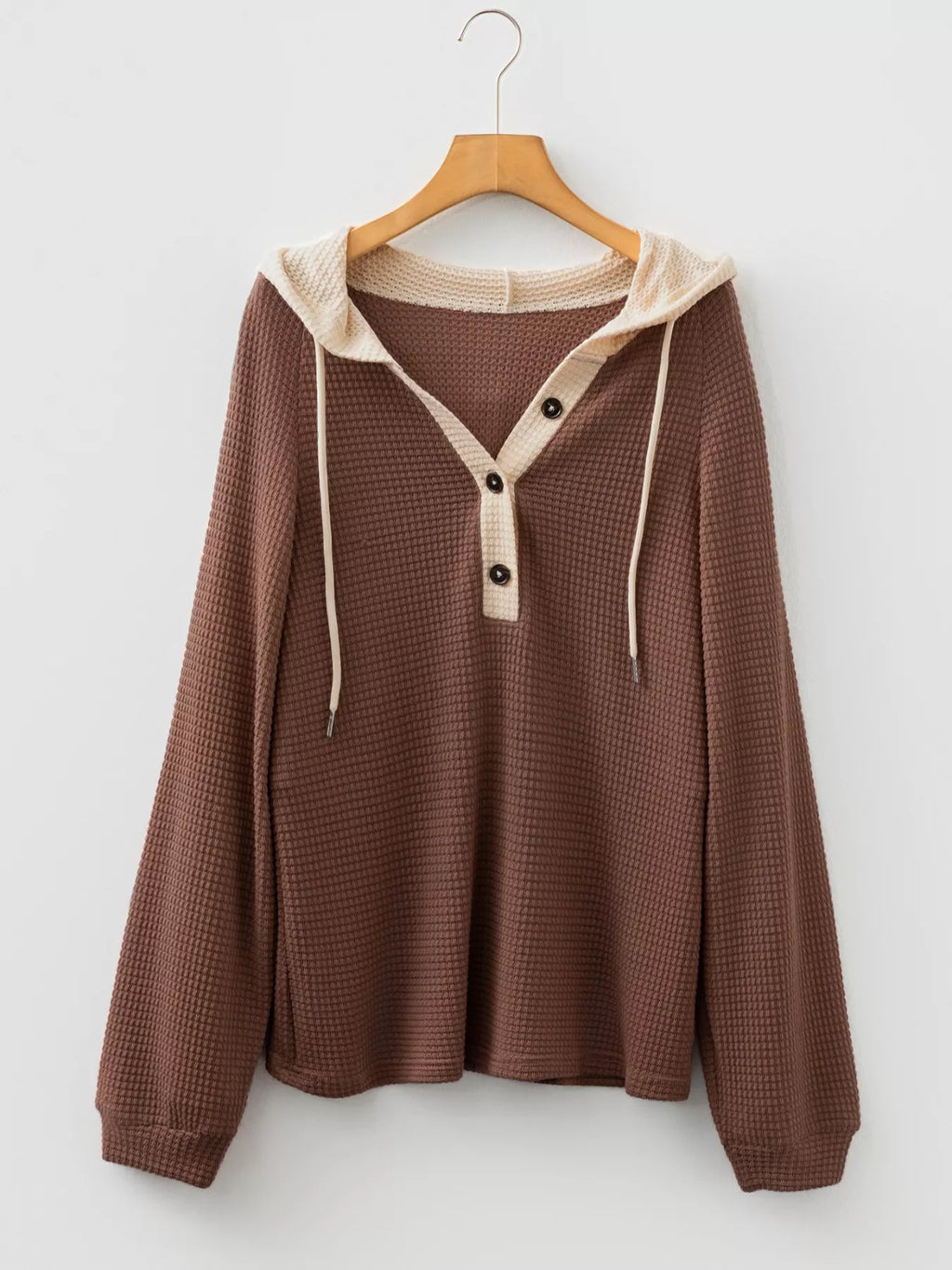 Waffle Contrast Half Buttoned Hooded Pullover Top