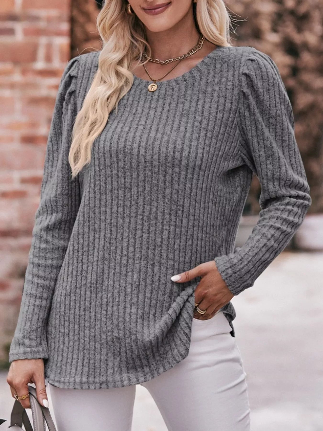 Ribbed Knit Puff Sleeve T-Shirt