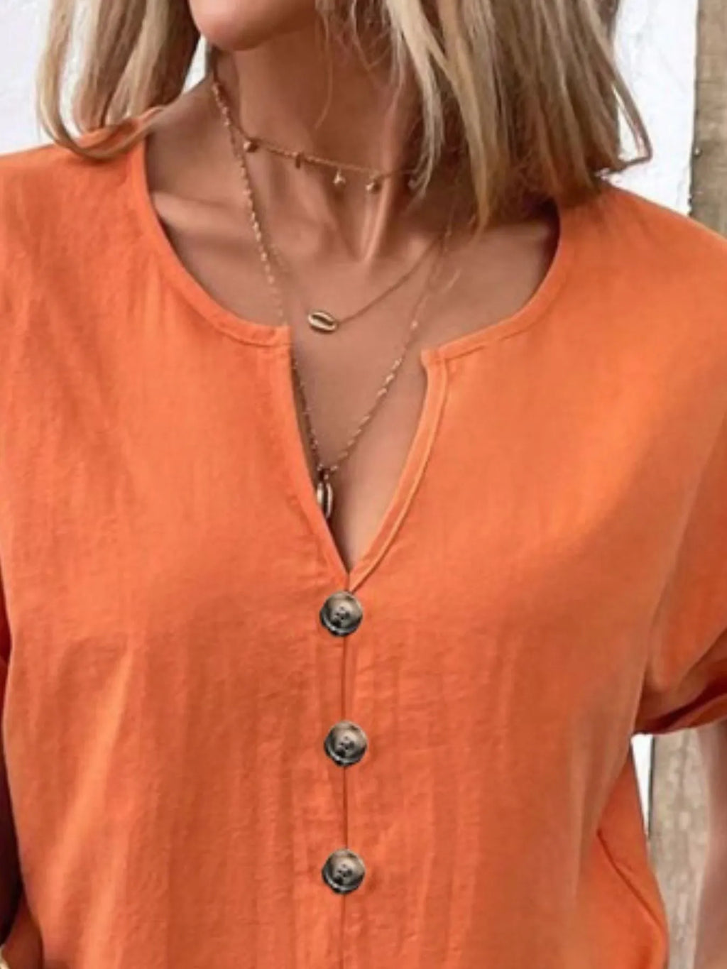 Full Size Notched Short Sleeve Top Plus Size