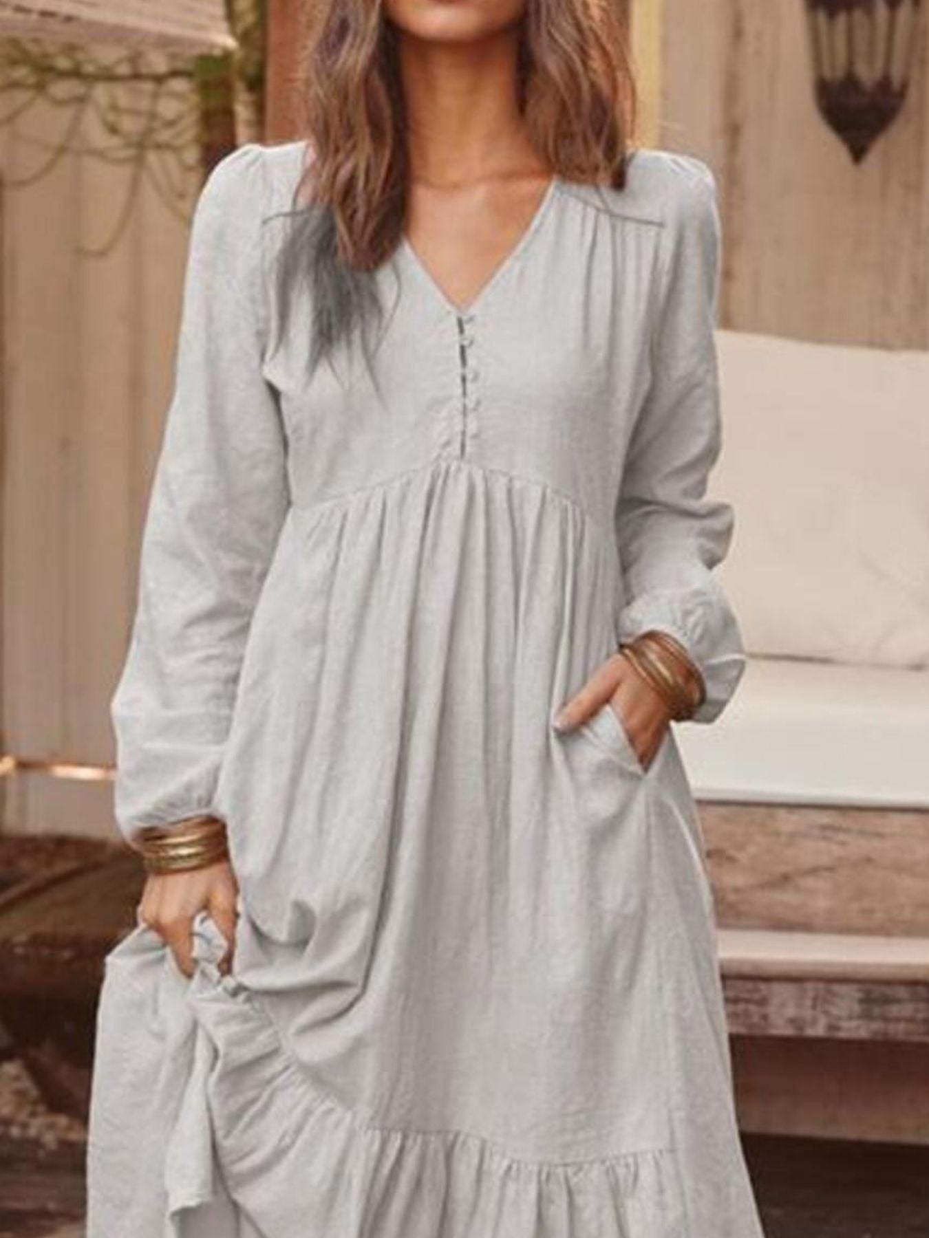 Full Size V-Neck Long Sleeve Tiered Maxi Dress Plus Size