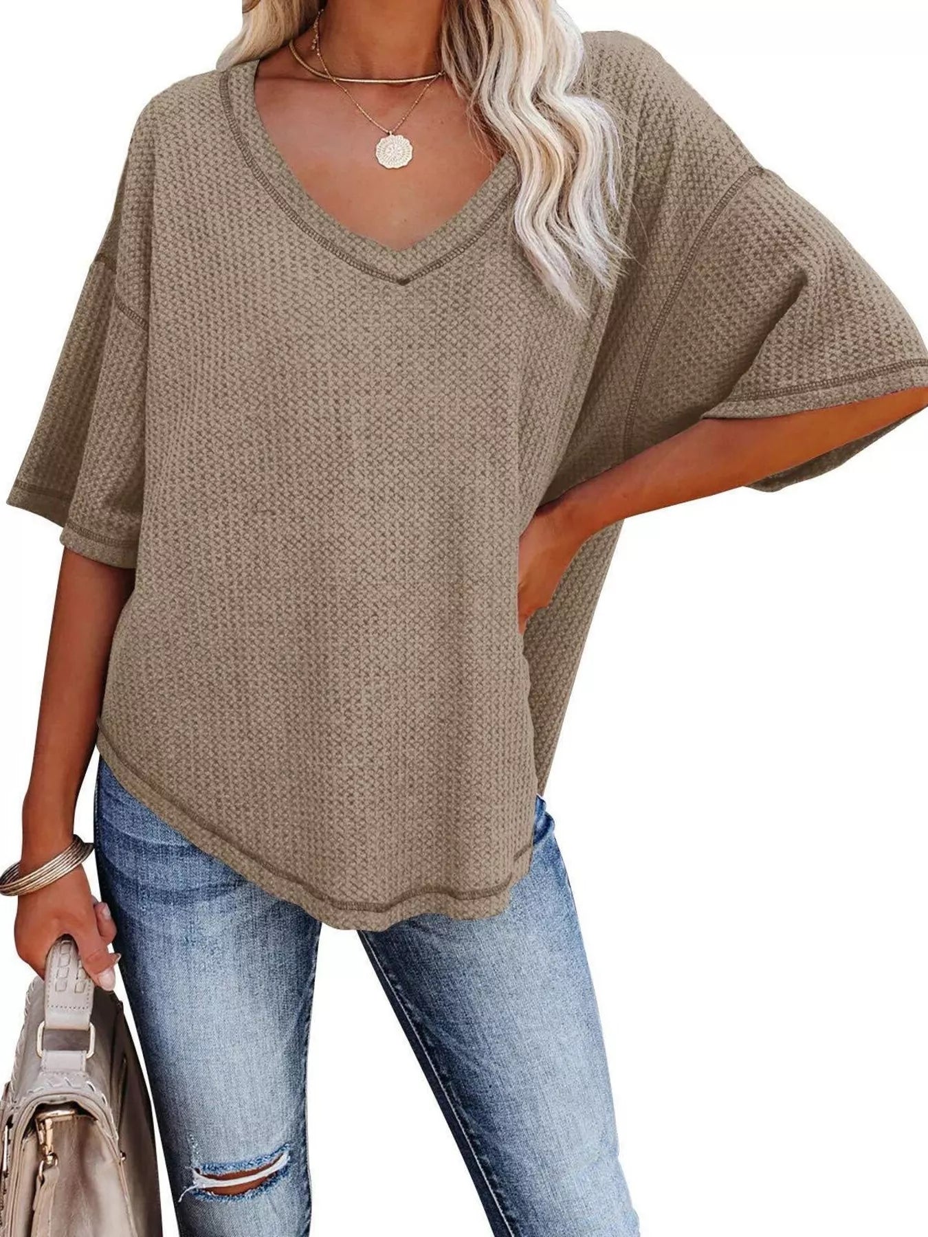 Waffle Knit V-Neck Short Sleeve T-Shirt