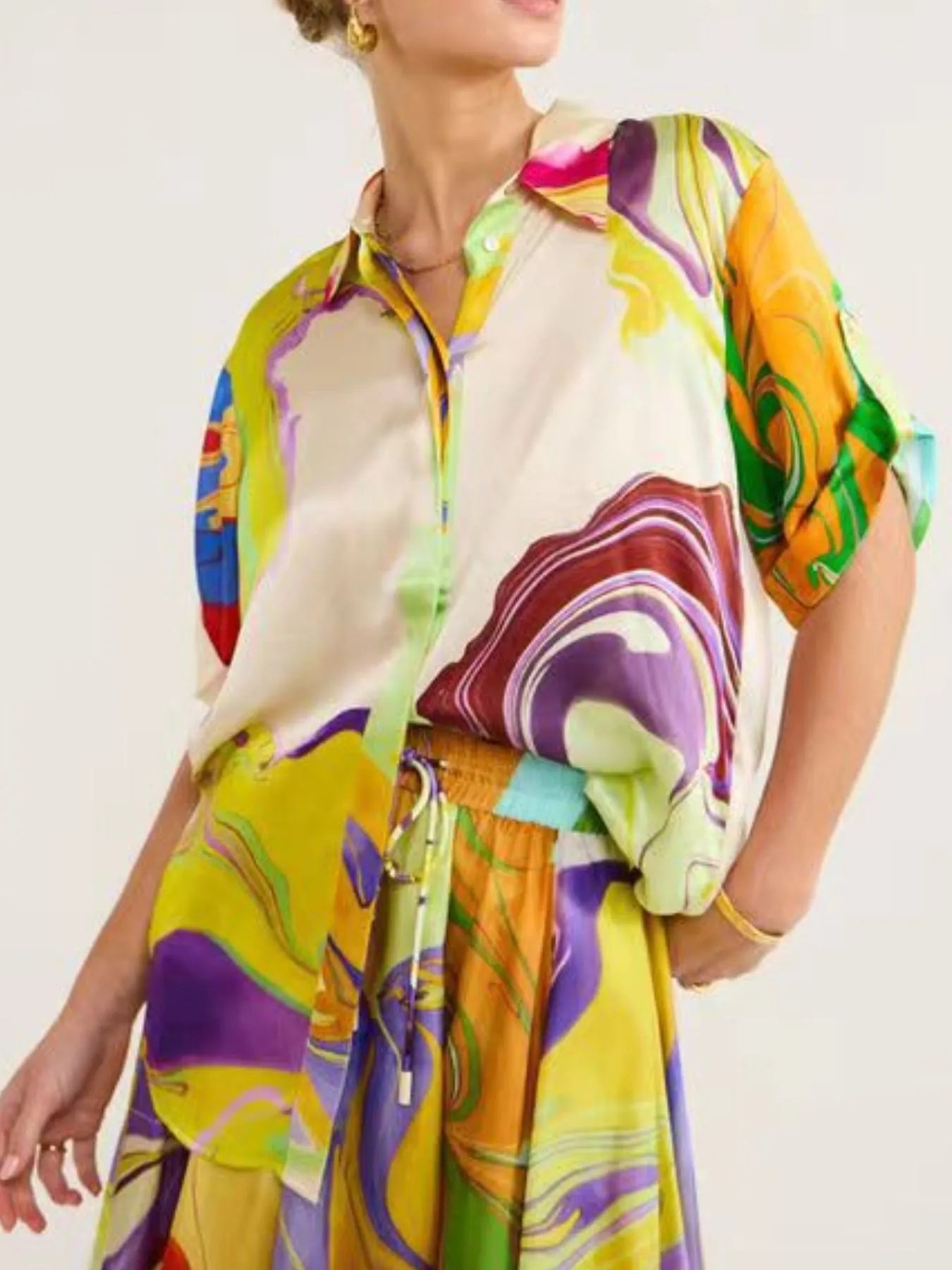 Printed Button Up Shirt and Skirt Set