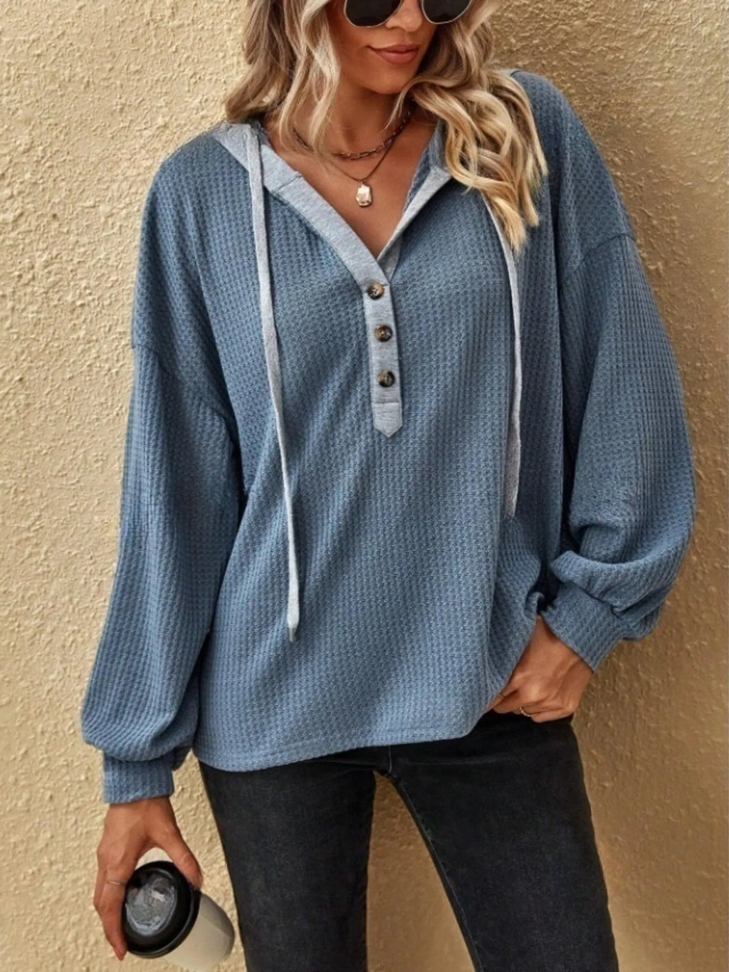 Drawstring Waffle Knit Hoodie