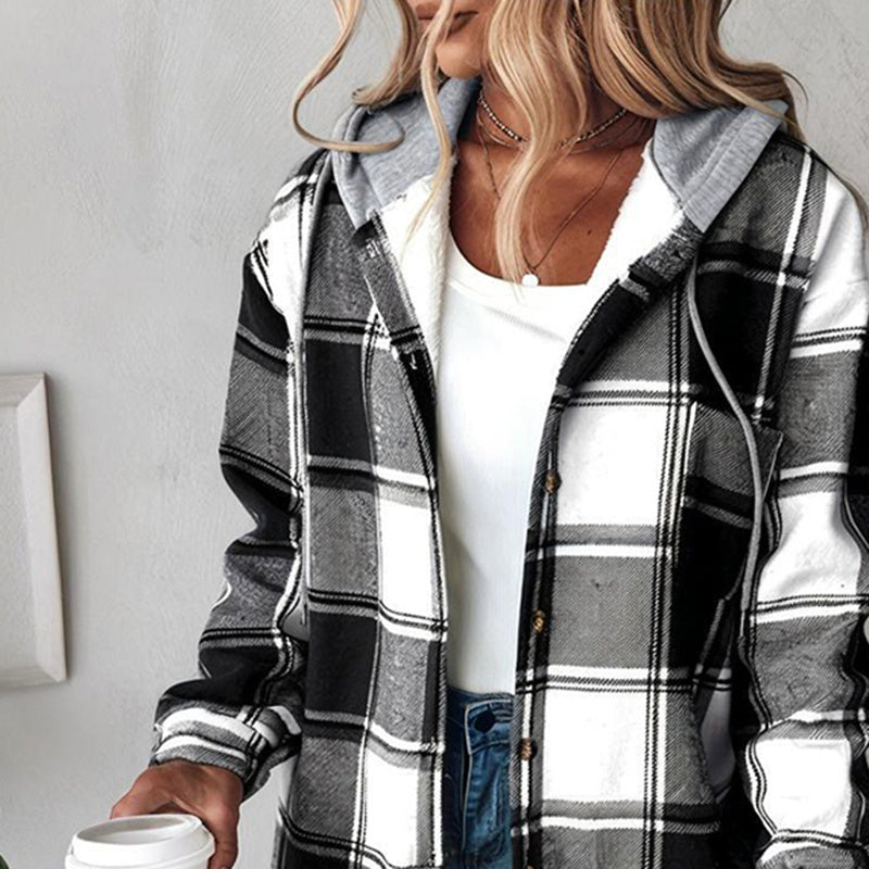 Women's Plaid Hoodie Long Sleeve Jacket With Pocket