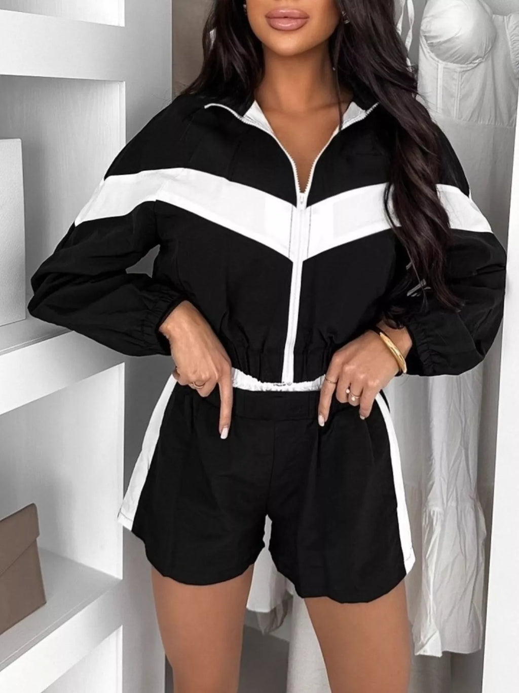 Zip Up Long Sleeve Outerwear and Shorts Set