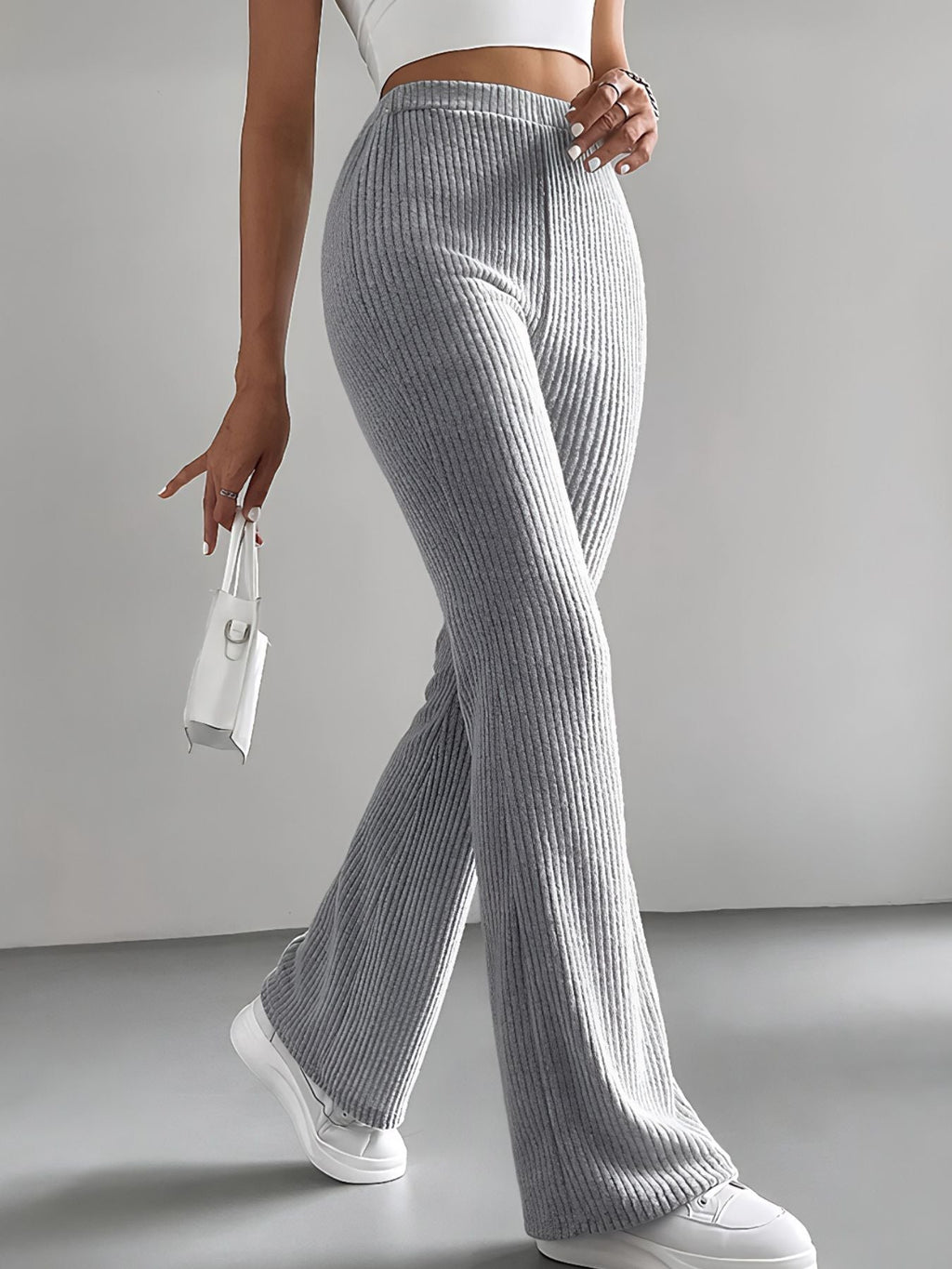 Ribbed Knit High Waist Flare Pants