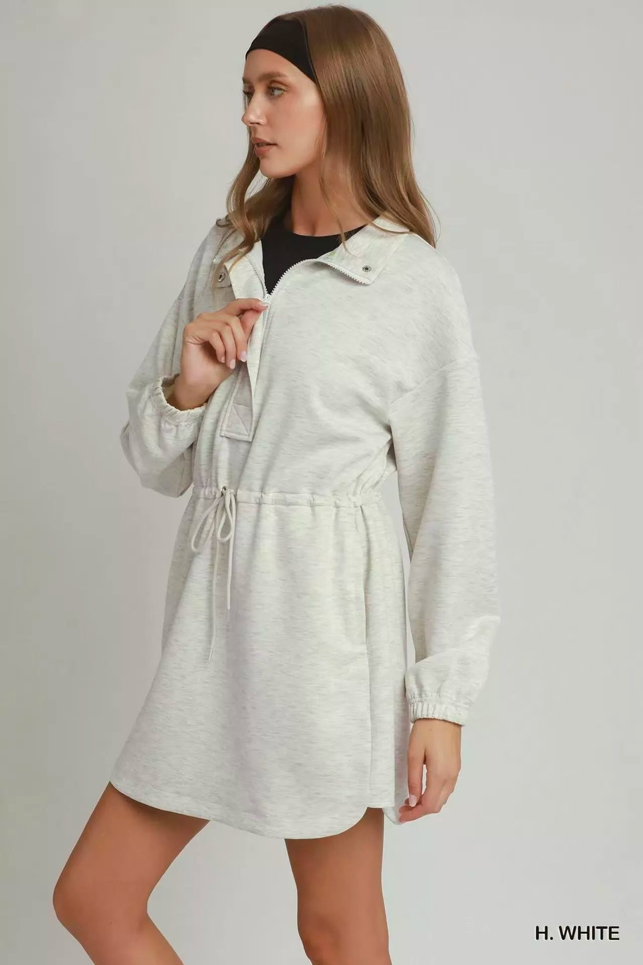Umgee Half Zip-Up Drawstring Waist Dress