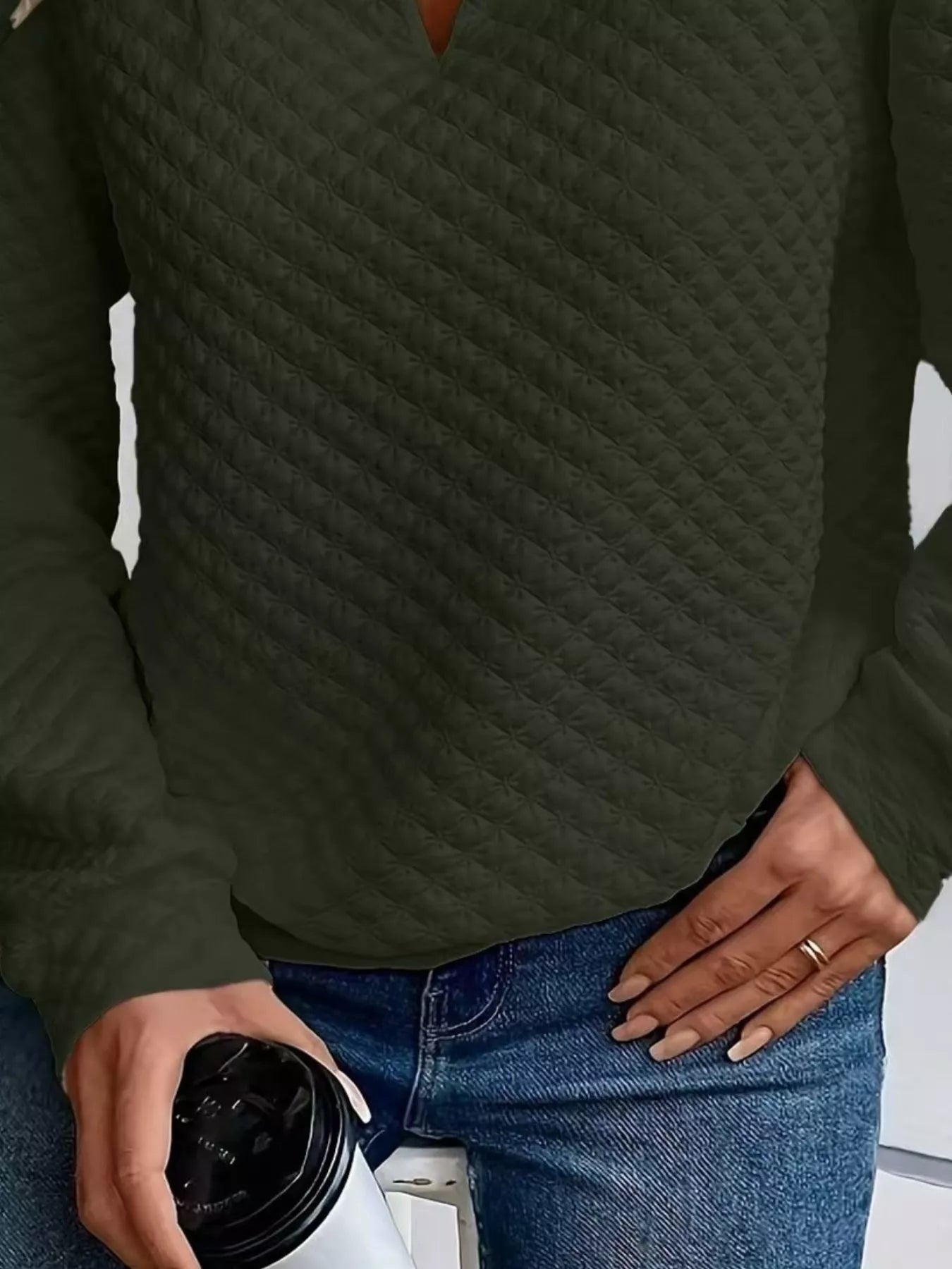 Textured Notched Raglan Sleeve Sweatshirt