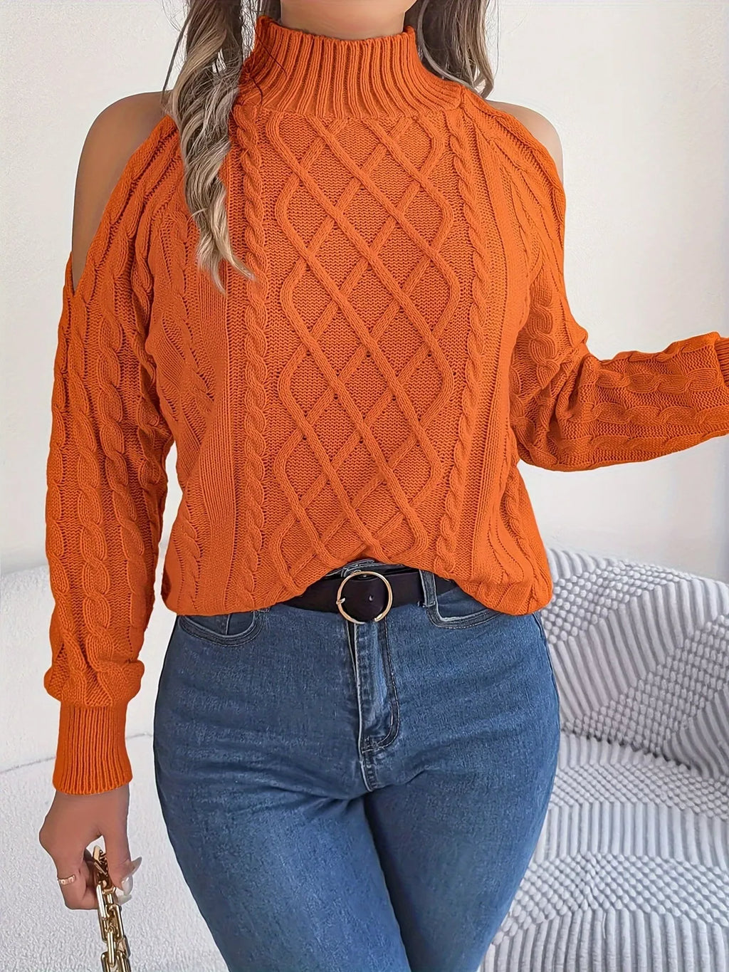 Cable Knit Cold Shoulder Turtleneck Sweater