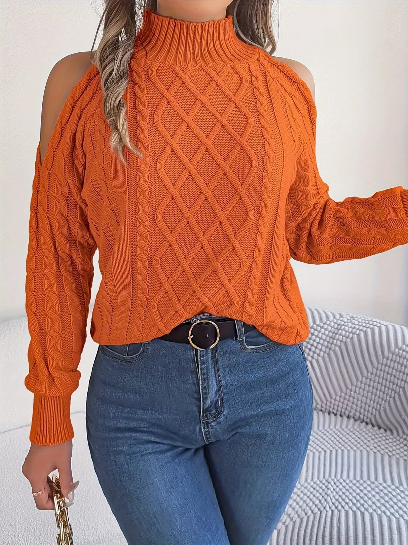 Cable Knit Cold Shoulder Turtleneck Sweater