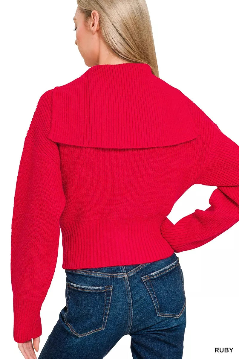 Zenana Ribbed Collared Zip Up Sweater Cardigan
