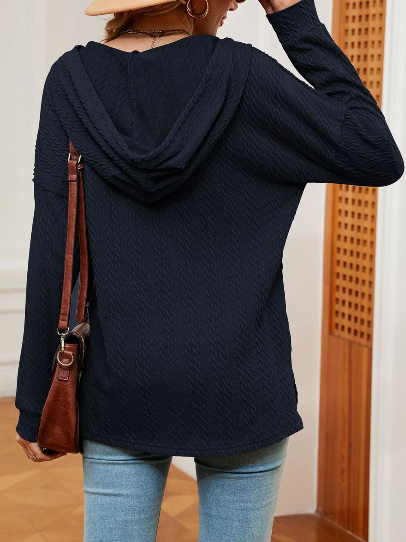 Textured Knit Button Detail Hoodie