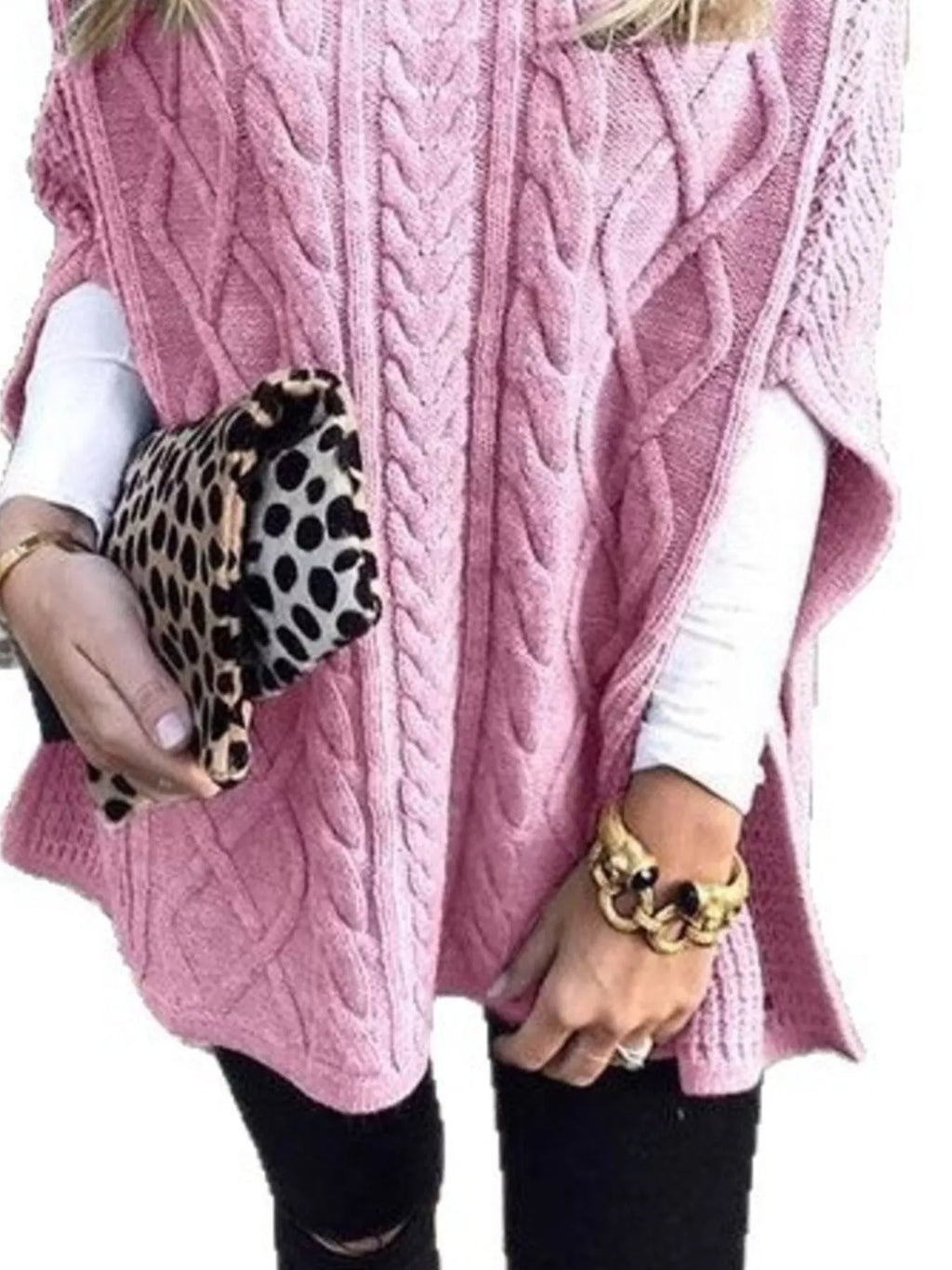 Chunky Cable Knit Turtleneck Poncho Cover Up