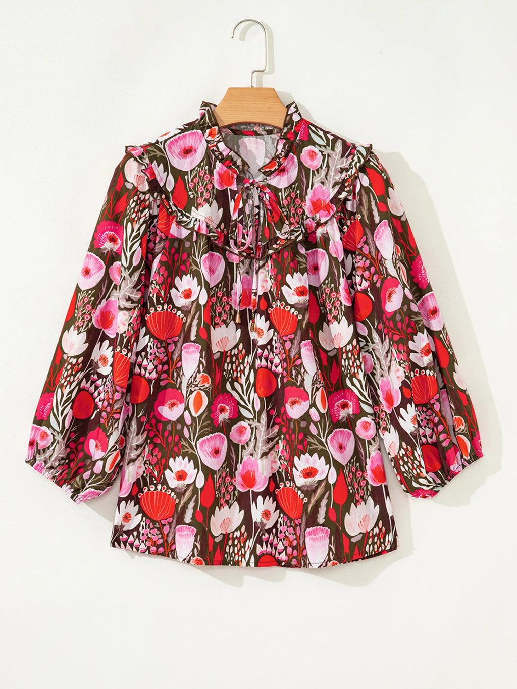 Floral Balloon Sleeve Tie Neck Blouse