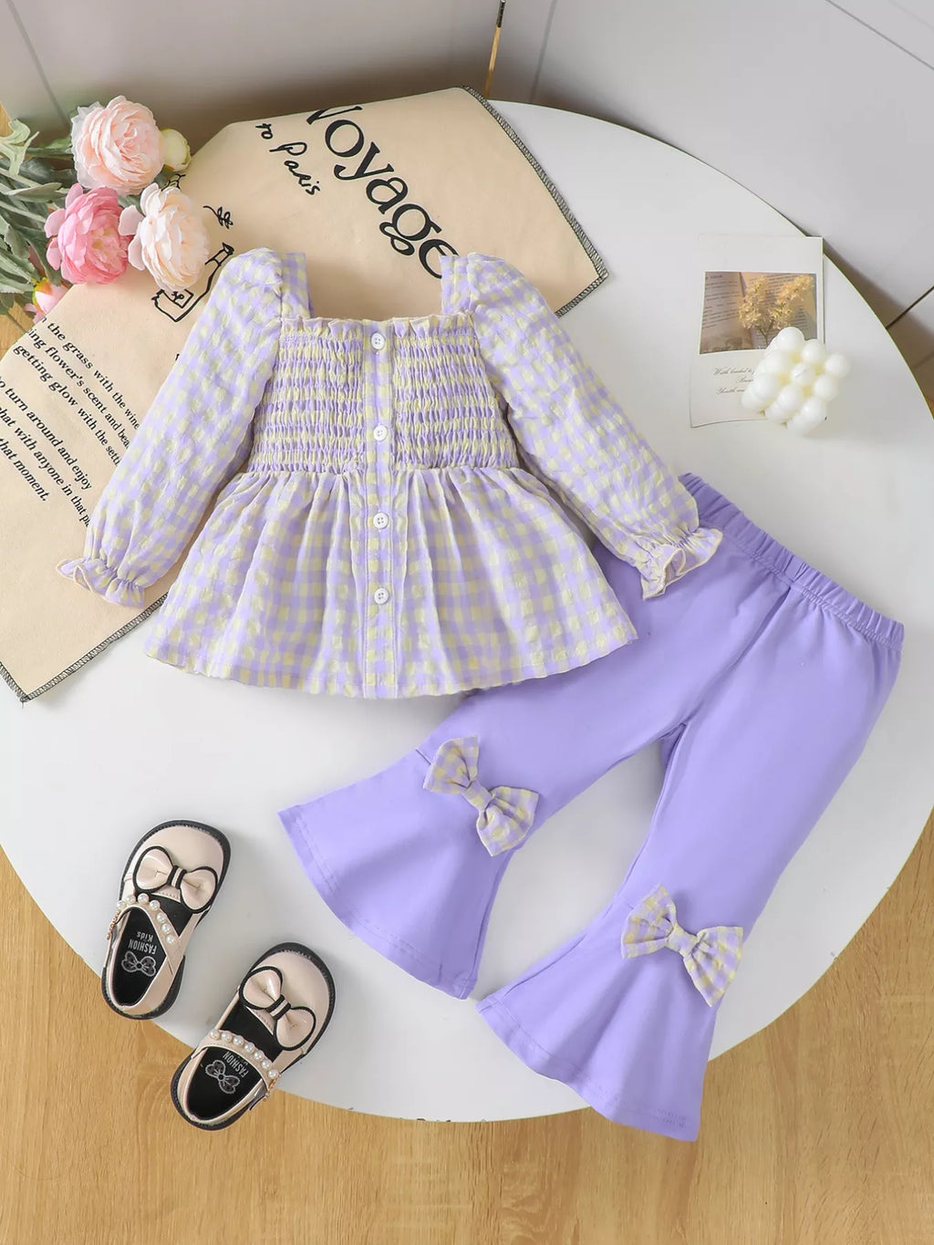 Children's Gingham Smocked Top and Bow Pants Set