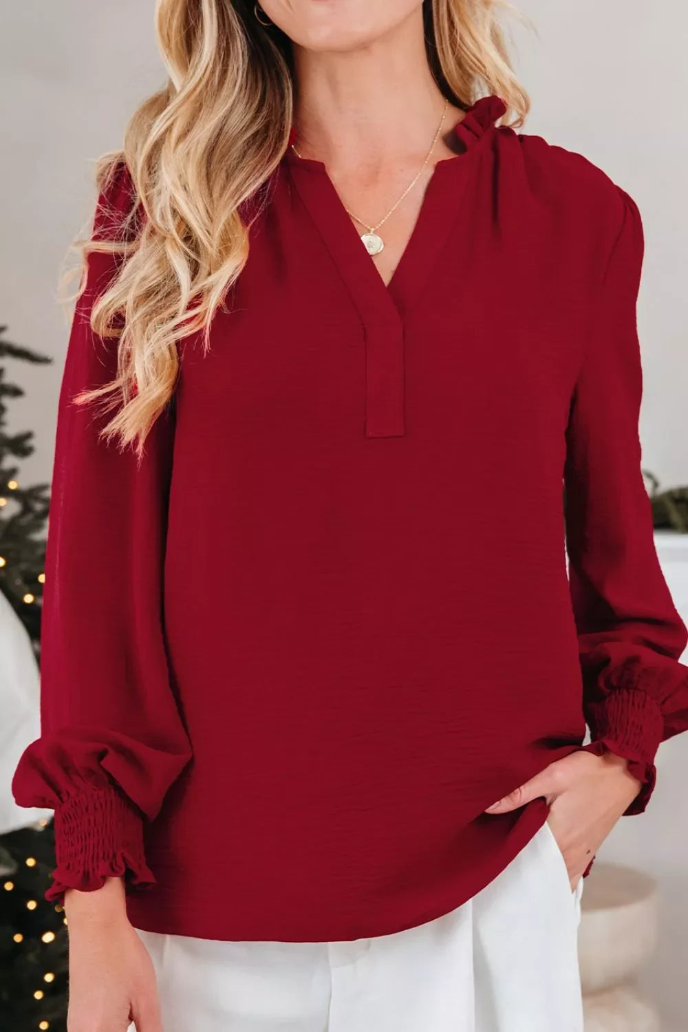 Notched Neck Shirred Cuff Long Sleeve Blouse