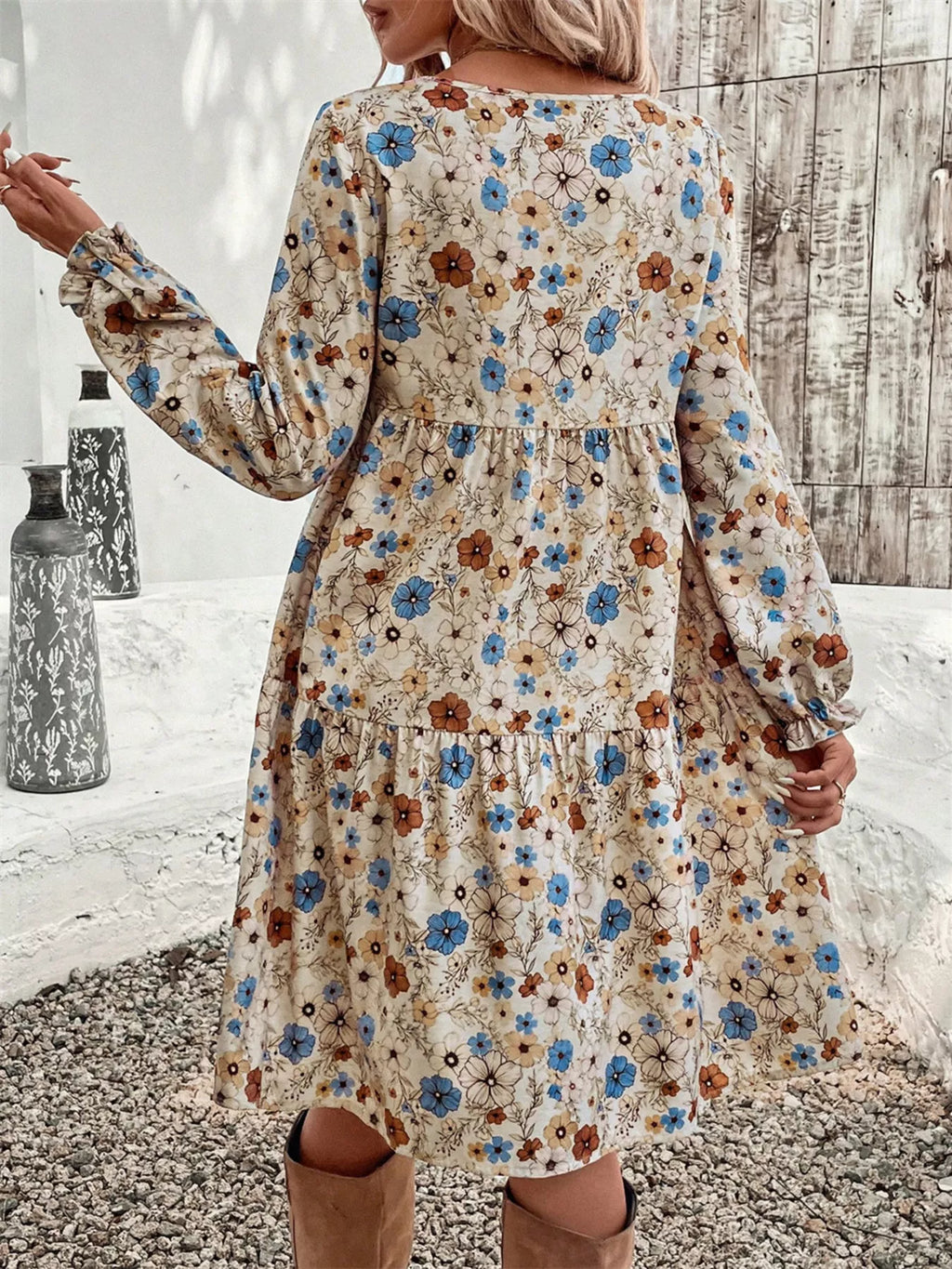 Floral Print Ruffle Hem Long Sleeve Casual Dress