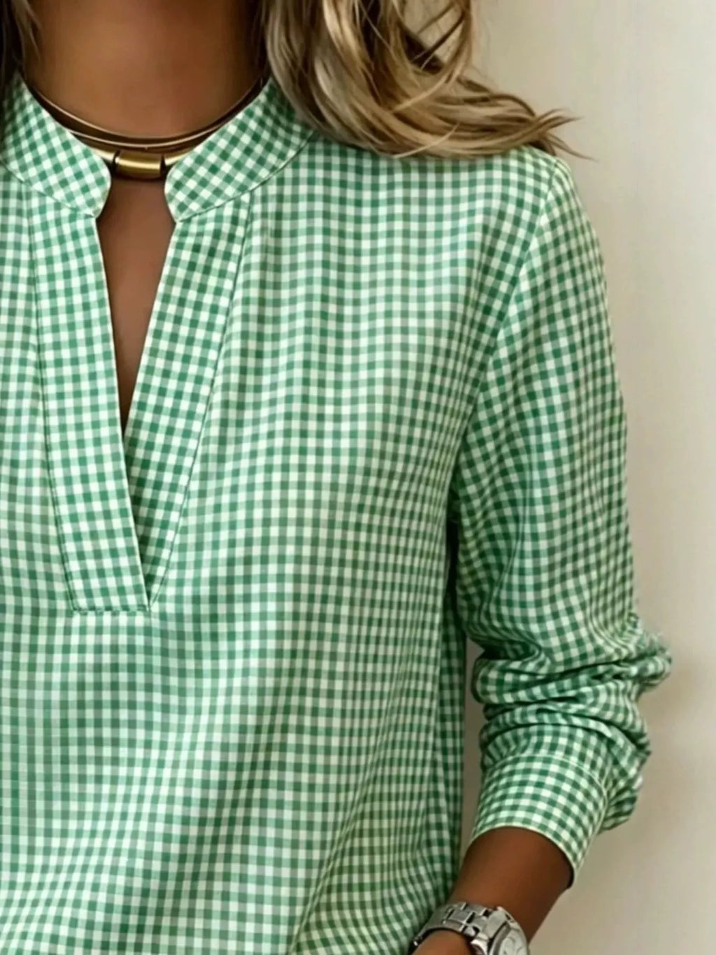 Full Size Plaid Notched Long Sleeve Blouse Plus Size