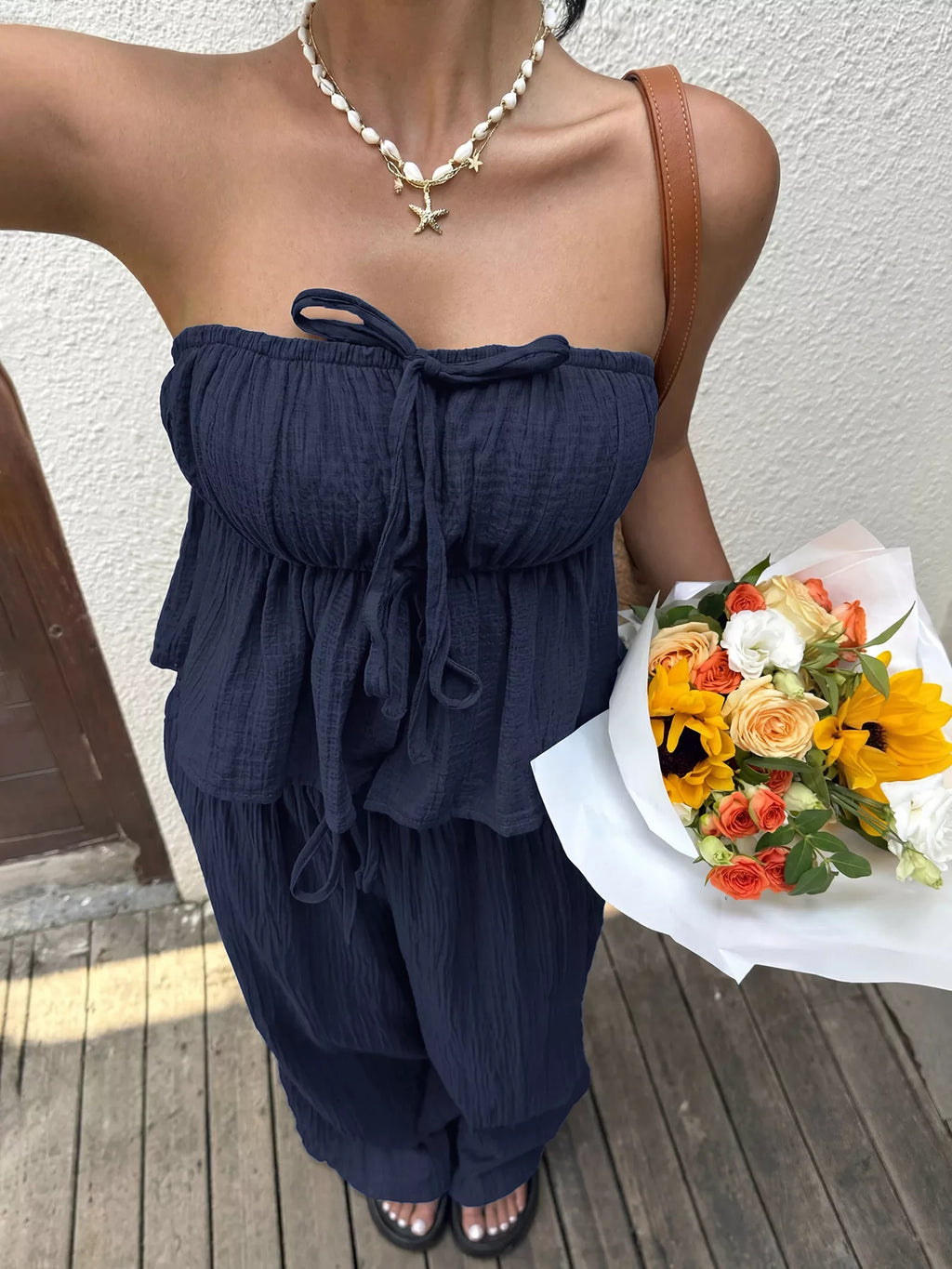 Textured Tube Top & Wide Leg Pants Set
