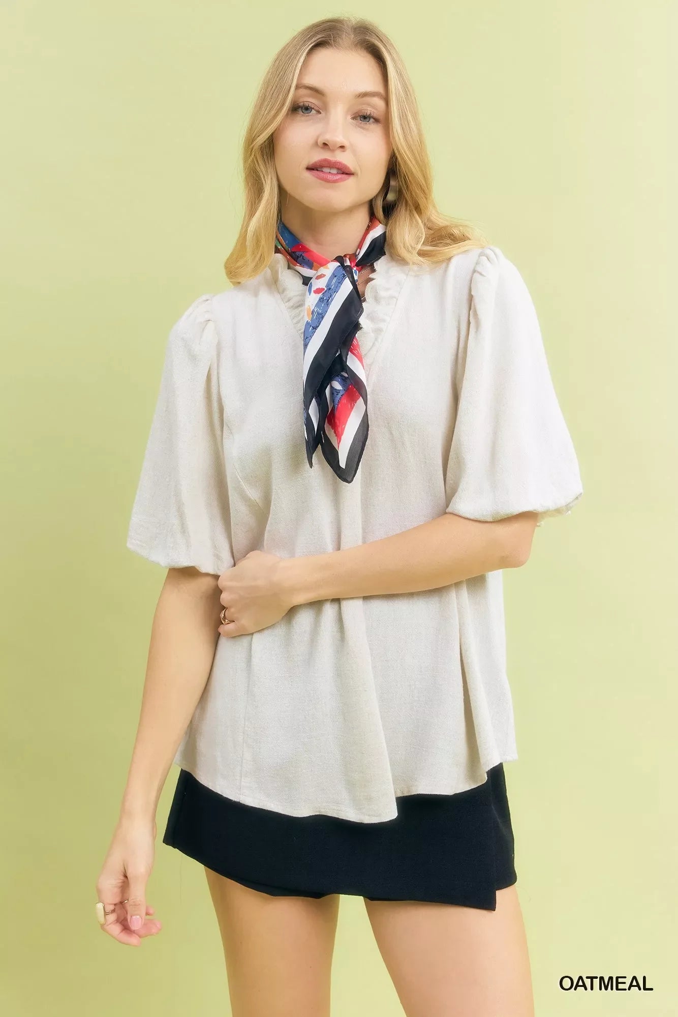 Umgee Linen Scallop Trim V-Neck Blouse