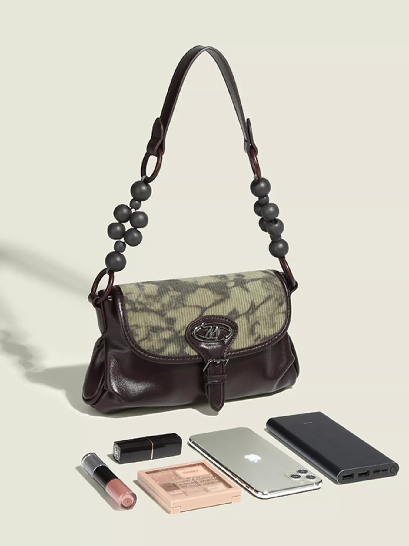 Beaded Handle Flap Shoulder Bag