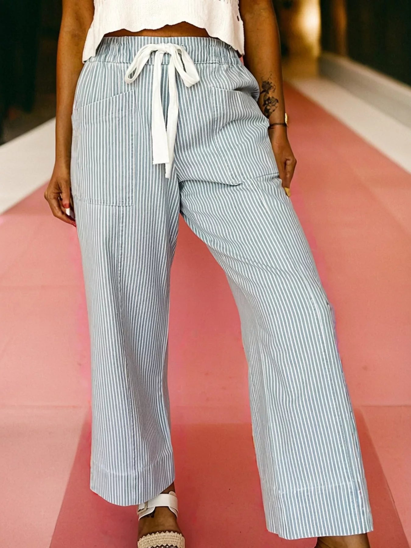 Stripe Mid Rise Drawstring Waist Jeans