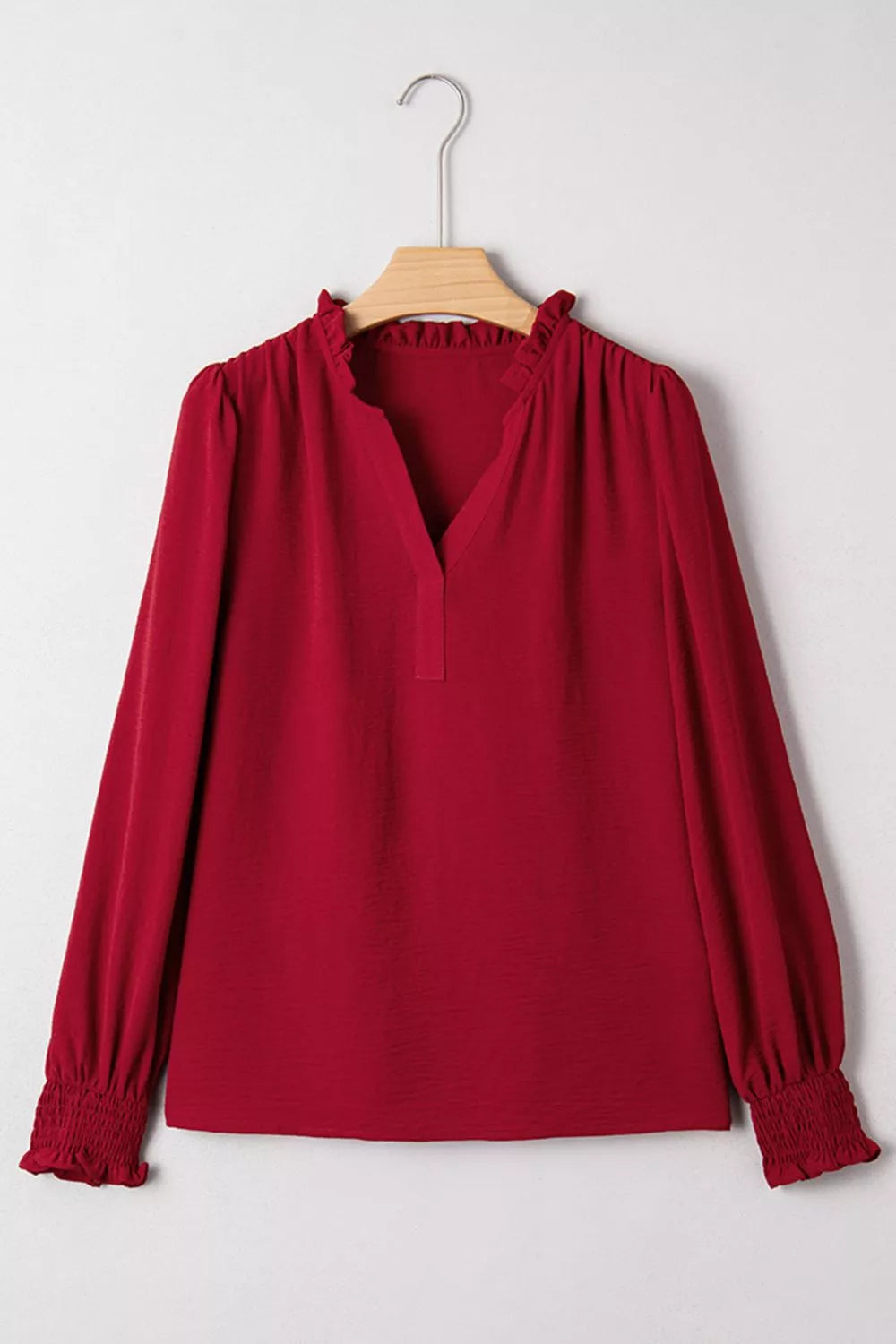 Notched Neck Shirred Cuff Long Sleeve Blouse