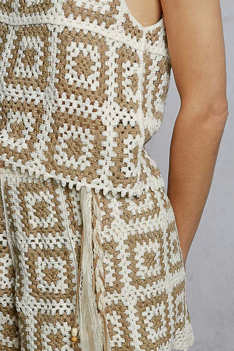 POL Elastic Waistband Crochet Shorts with Granny Square Weave