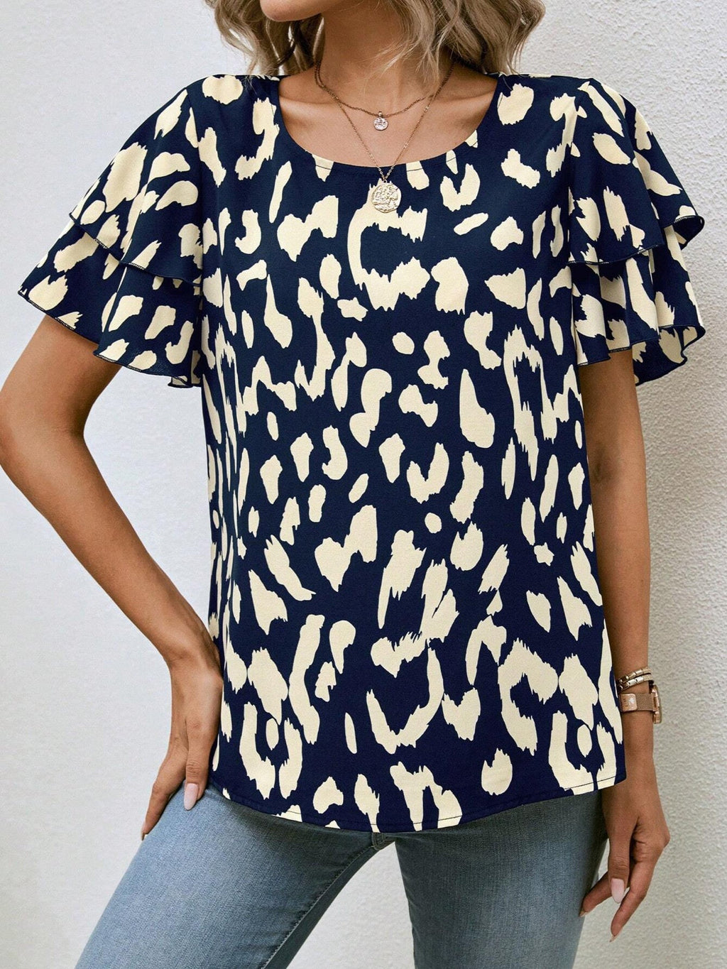 Animal Print Ruffle Sleeve Blouse