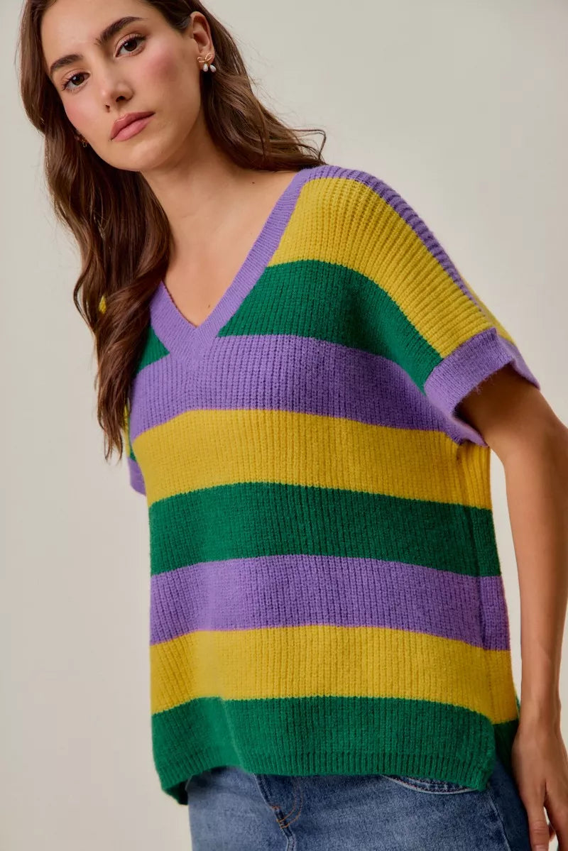 SO ME Mardi Gras Loose Fit V Neck Stripe Sweater Top
