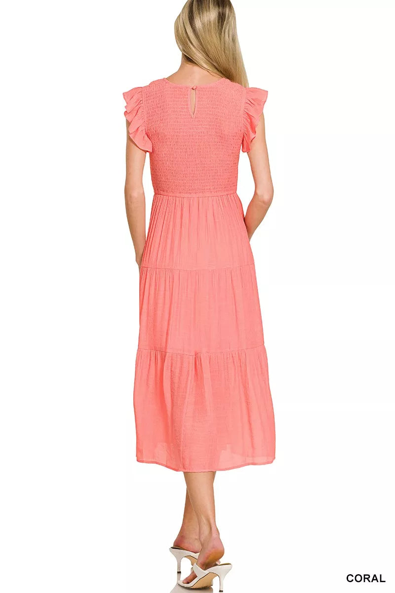 Zenana Woven Smocked Ruffle Sleeve Midi Dress
