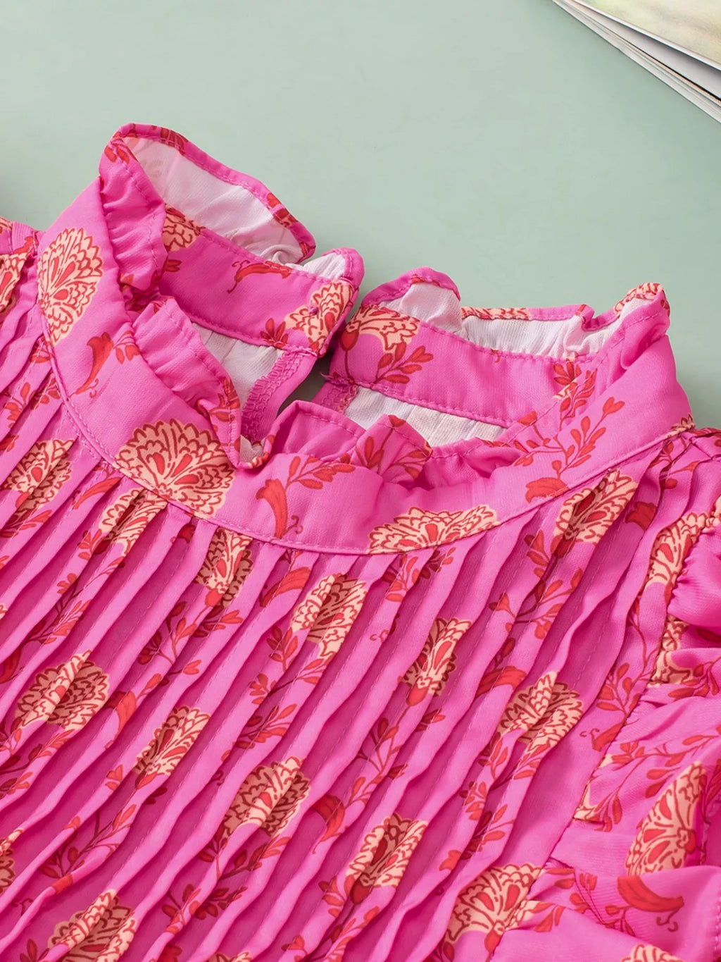 Floral Print Pleated Ruffled Flutter Sleeve Blouse
