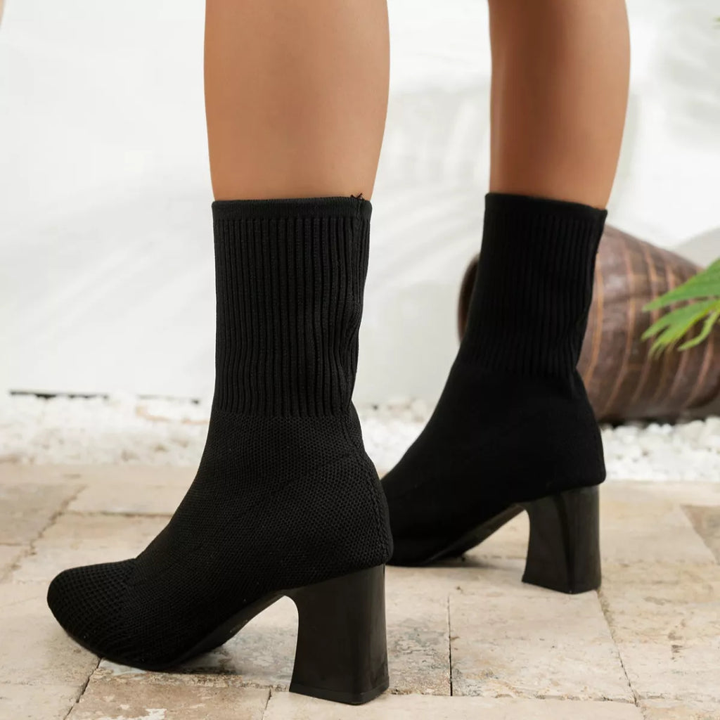 Point Toe Knit Sock Boots with Block Heels